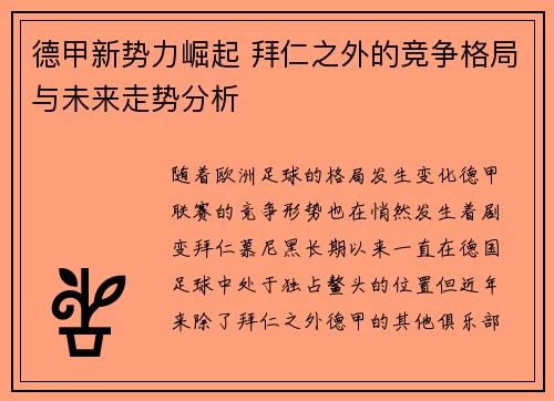 德甲新势力崛起 拜仁之外的竞争格局与未来走势分析