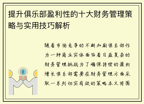 提升俱乐部盈利性的十大财务管理策略与实用技巧解析