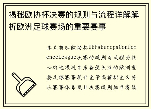 揭秘欧协杯决赛的规则与流程详解解析欧洲足球赛场的重要赛事