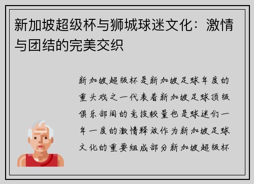 新加坡超级杯与狮城球迷文化：激情与团结的完美交织