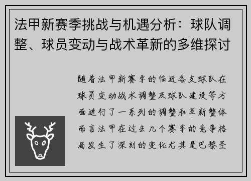 法甲新赛季挑战与机遇分析：球队调整、球员变动与战术革新的多维探讨