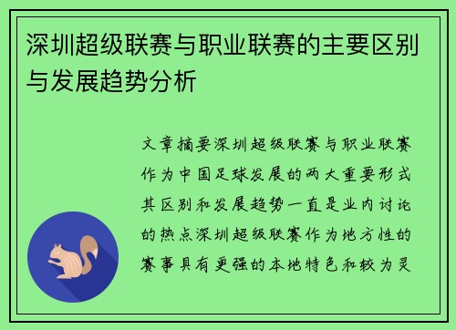 深圳超级联赛与职业联赛的主要区别与发展趋势分析