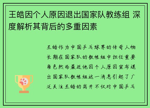 王皓因个人原因退出国家队教练组 深度解析其背后的多重因素