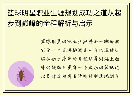 篮球明星职业生涯规划成功之道从起步到巅峰的全程解析与启示